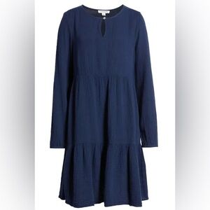 Beachlunchlounge Midnight Blue tiered gauze long sleeve mini dress, XL
